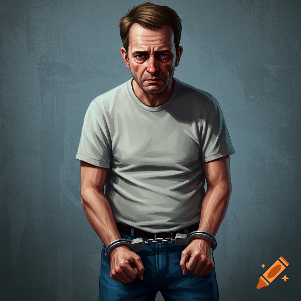 A man in a white t-shirt and jeans stands in handcuffs with a distressed expression.