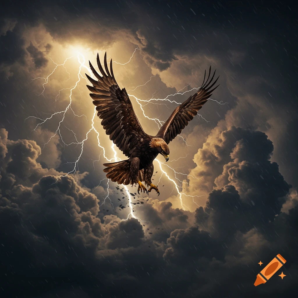 An eagle flying through a stormy sky with lightning and rain.