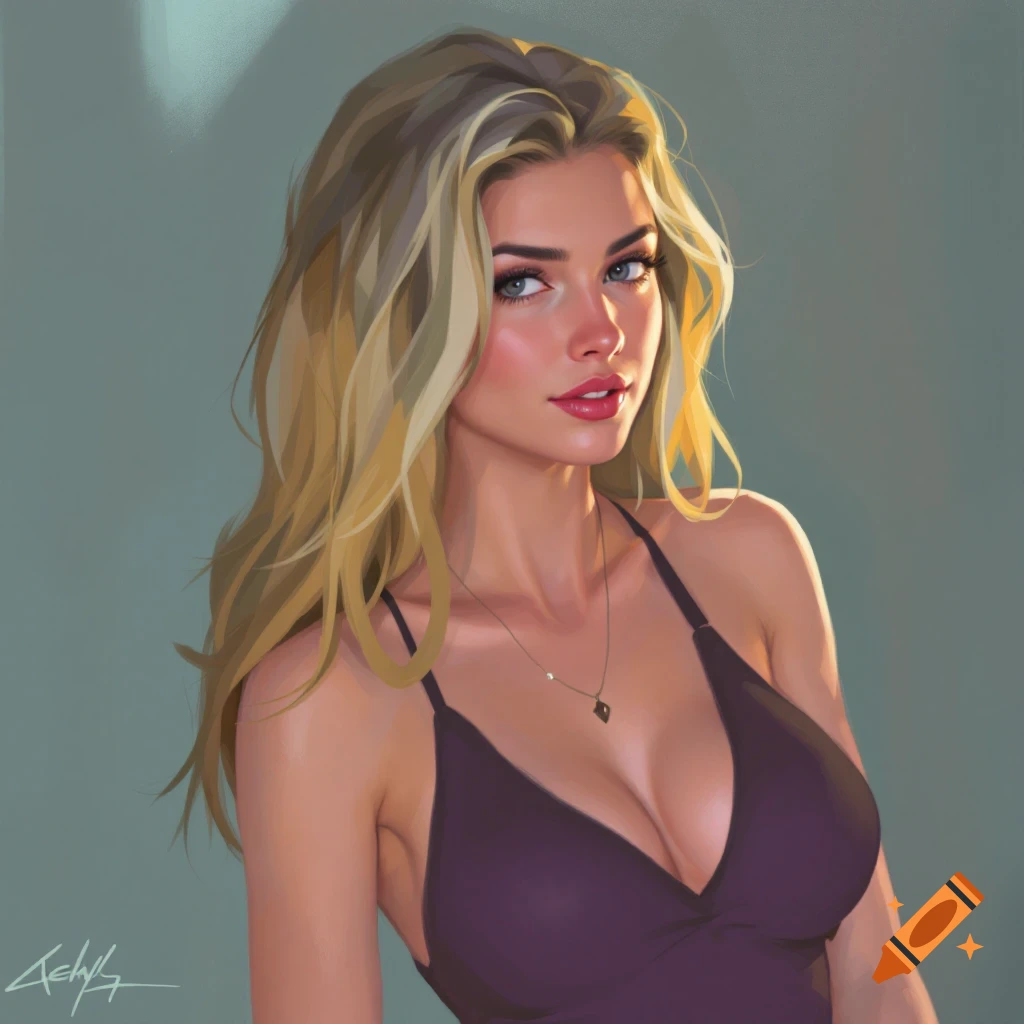 Portrait of a woman with long blonde hair in a purple top