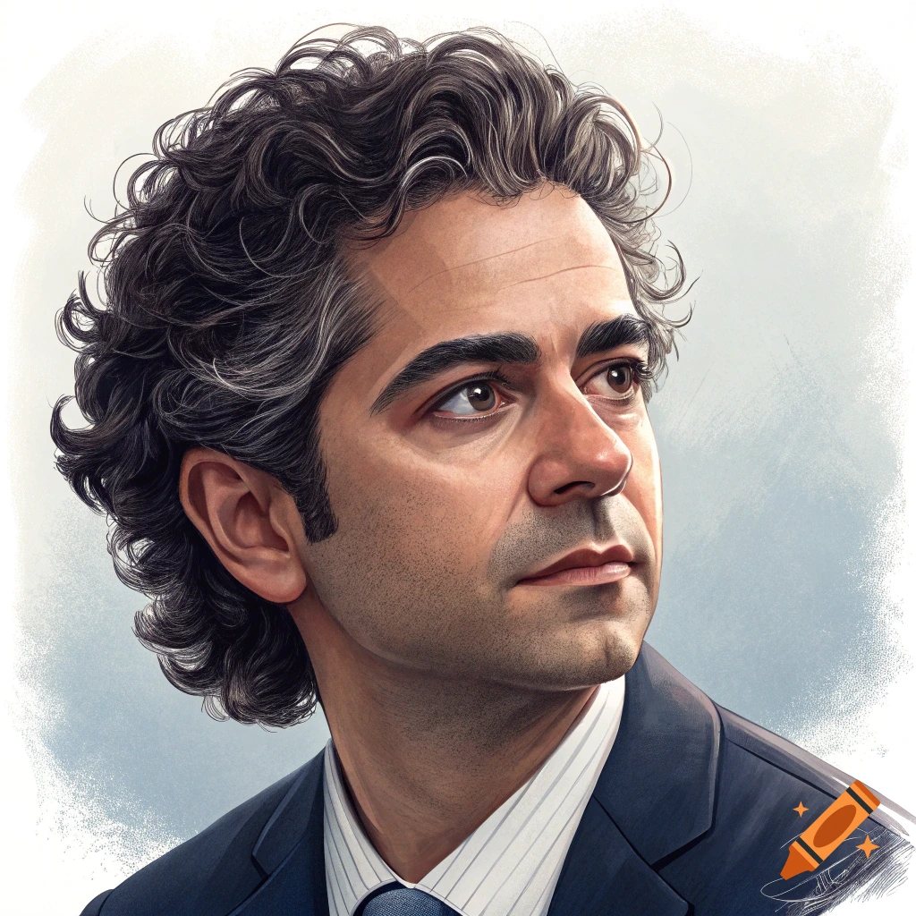 Illustrative portrait of a man in a suit with curly hair looking to the side.