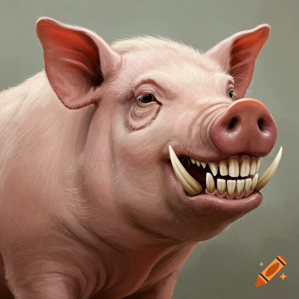 A pig's head with large hyperrealistic teeth