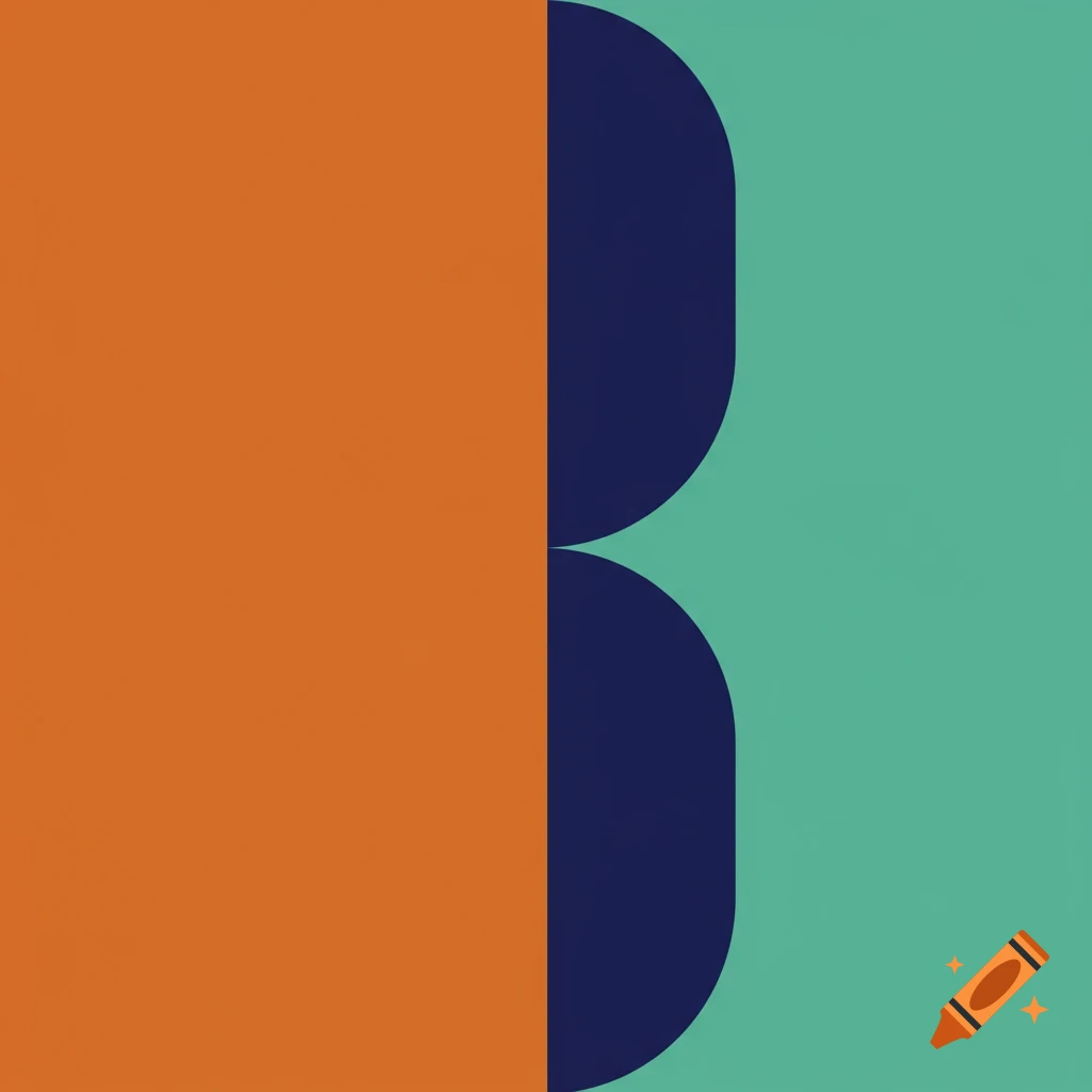 Abstract pattern with orange, dark blue, and teal geometric shapes forming a large 'B' shape.