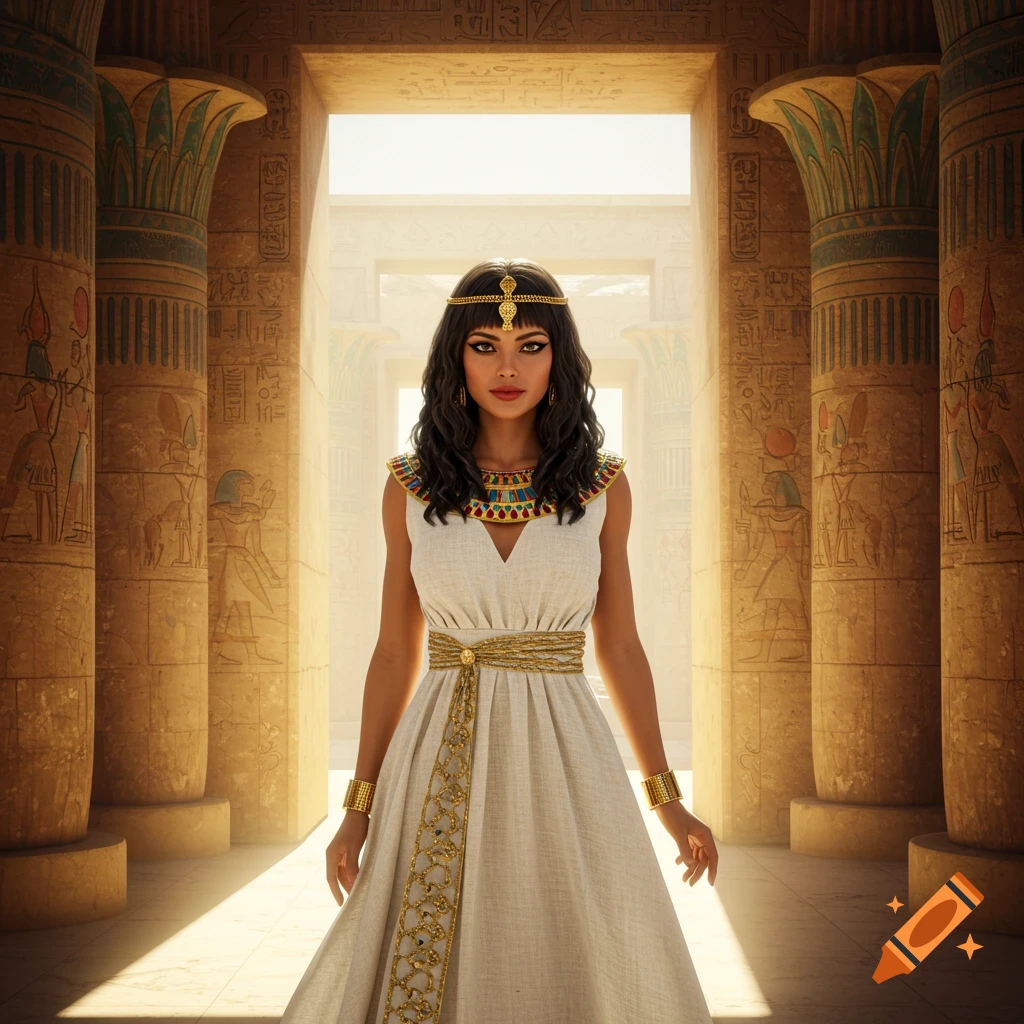 A woman in ancient Egyptian attire stands in a sunlit temple hallway.