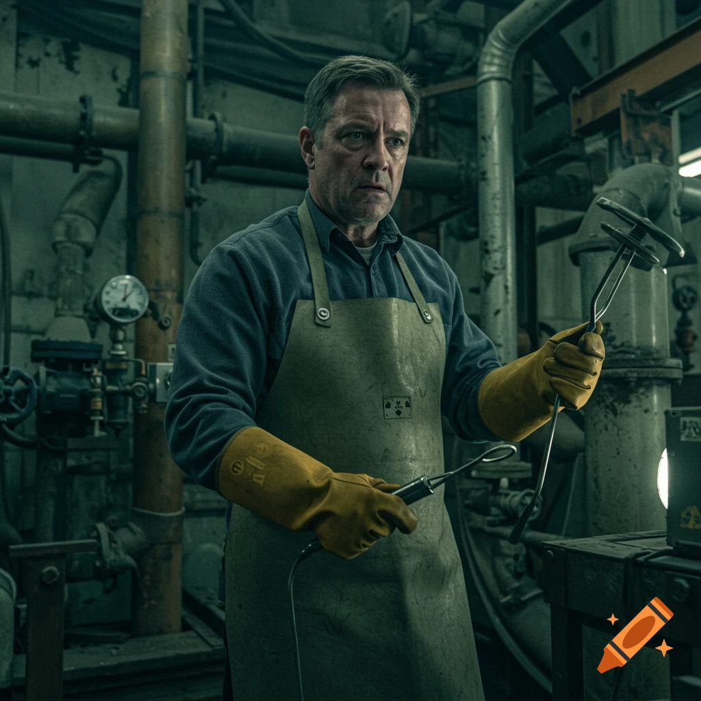 Photorealistic image of a man in an industrial setting, wearing an apron and gloves, holding tools.