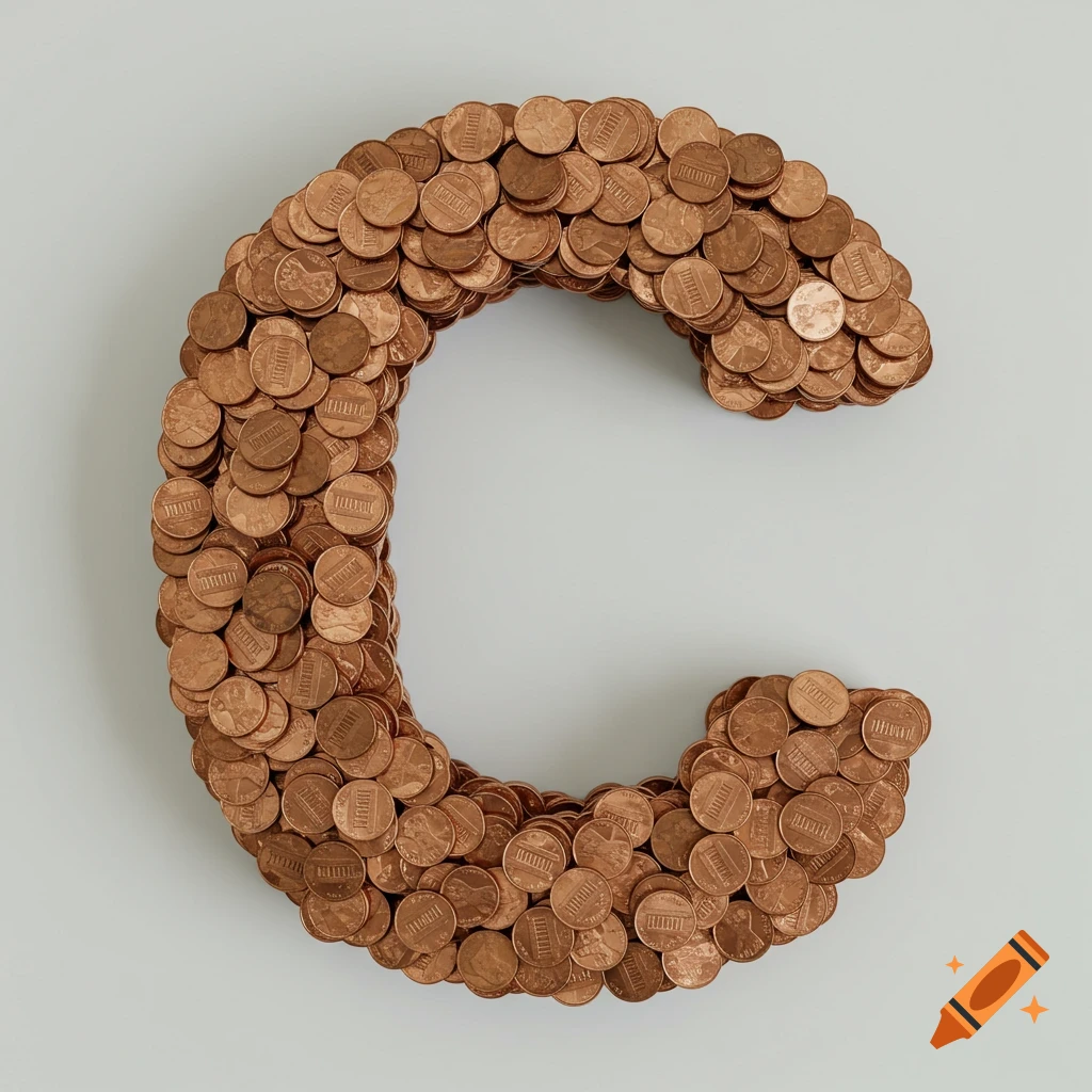 A large capital letter C constructed from a pile of copper pennies on a light background.