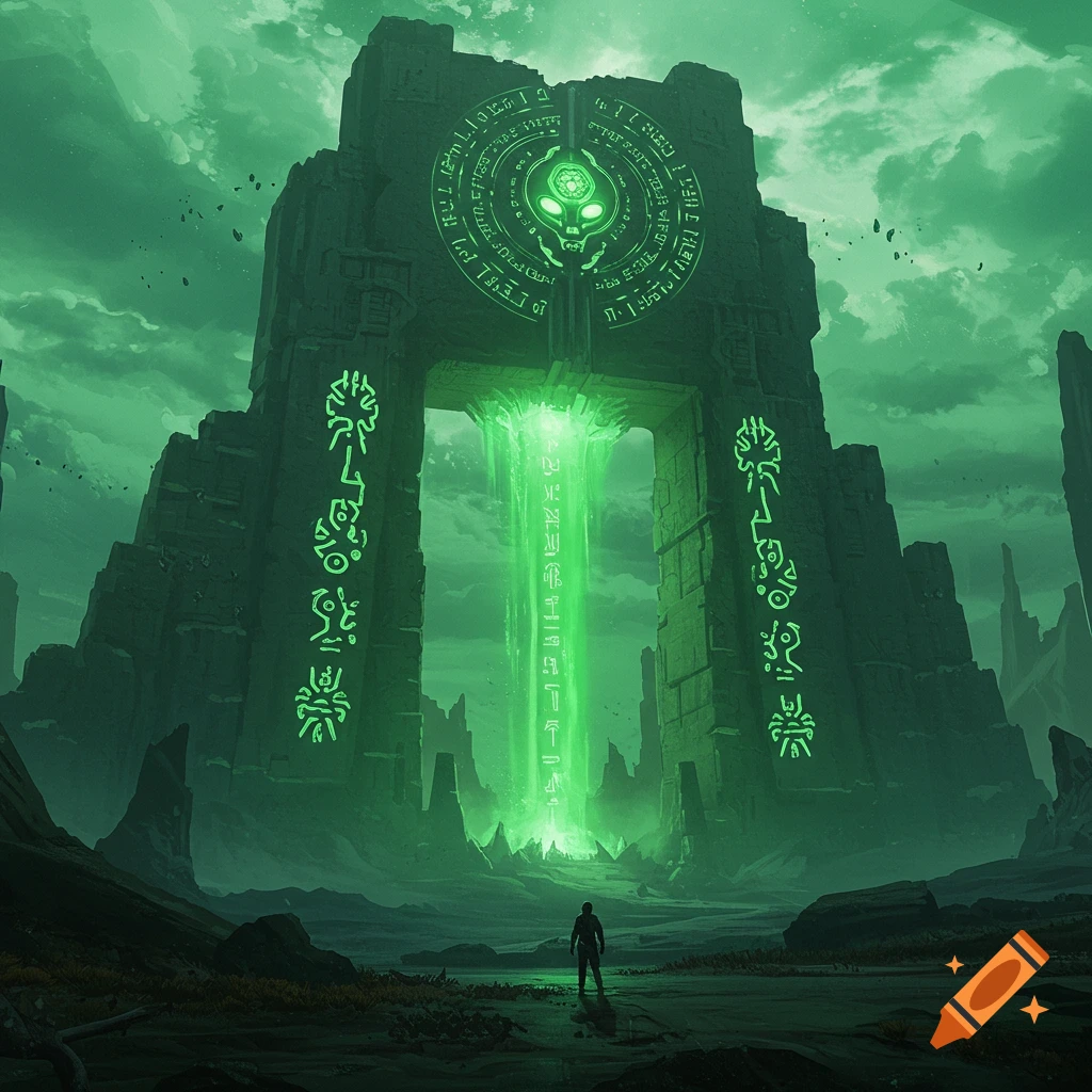 A lone figure stands before a massive stone gate glowing with green light and alien symbols in a dramatic sci-fi landscape.