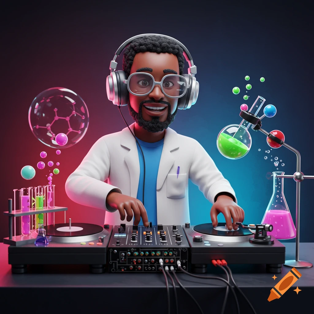 A cartoon scientist DJ mixing records with chemistry equipment.