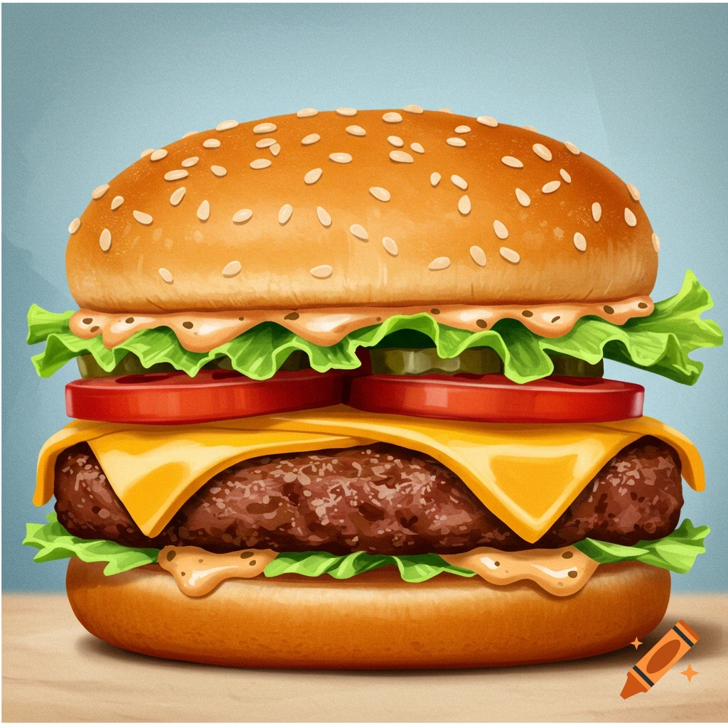 A detailed burger with lettuce, tomato, cheese, and sauce