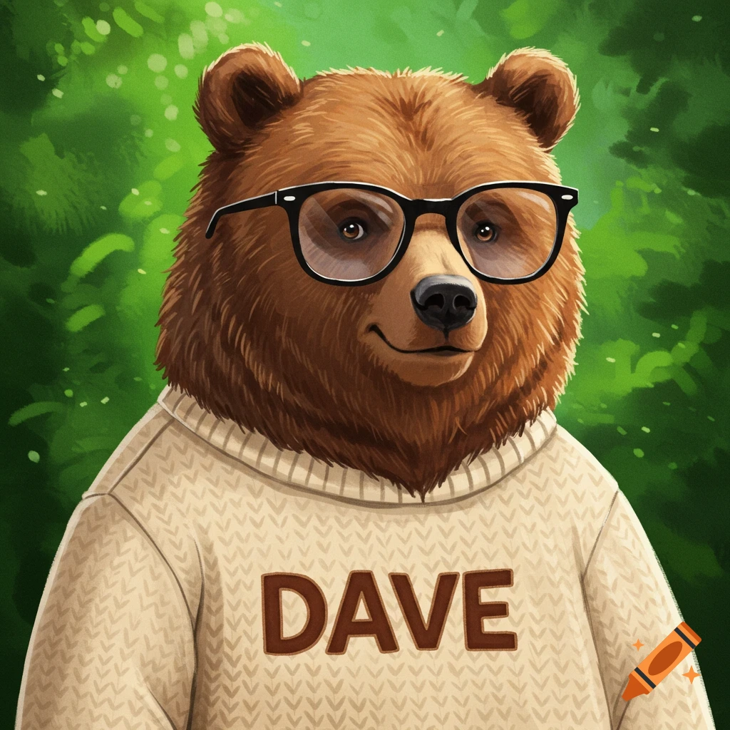 A bear wearing glasses and a sweater that says DAVE