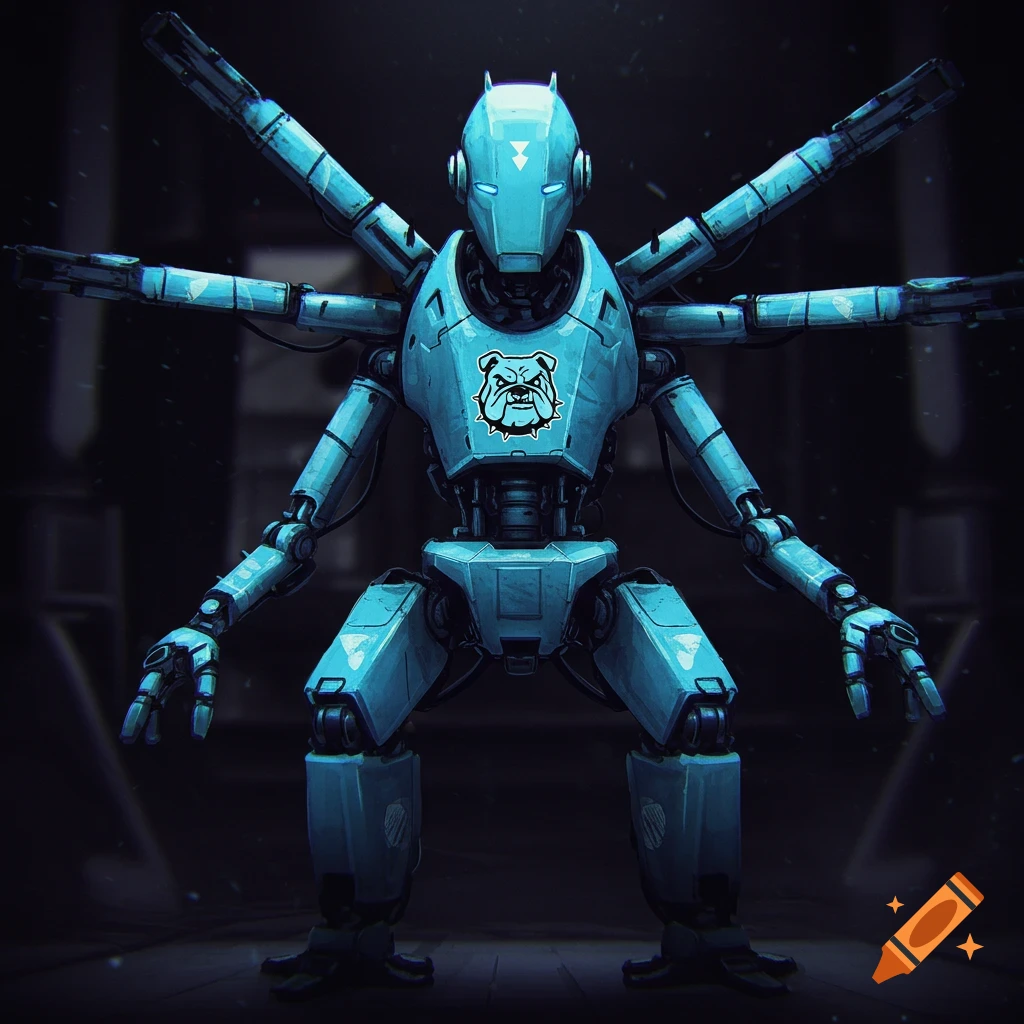 Light blue robot with multiple arms and a bulldog logo on its chest.