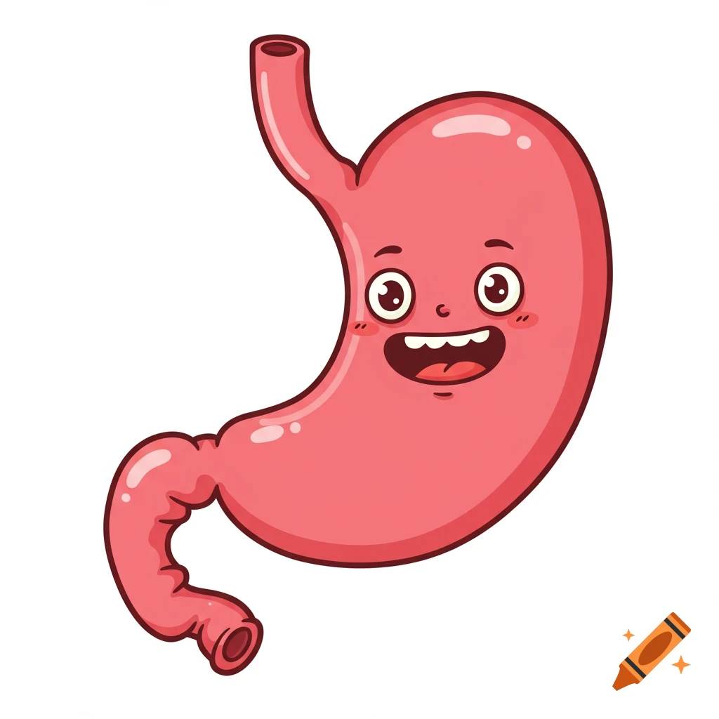 A cartoon illustration of a stomach with a happy face.