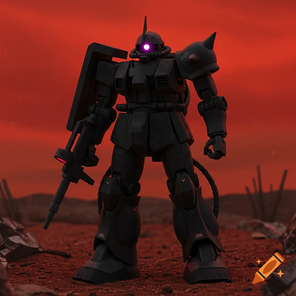 All black Zaku III robot with a glowing purple eye stands in a desolate, reddish landscape with rubble.
