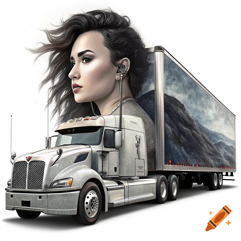 A surreal image of a woman's face merged with a semi-truck.