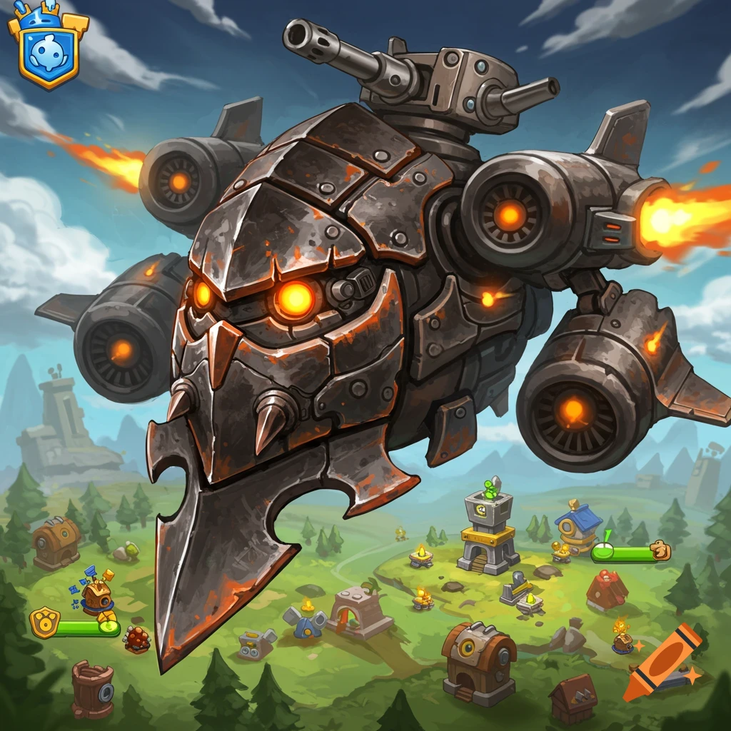 A massive robotic war machine flies over a cartoon tower defense map.