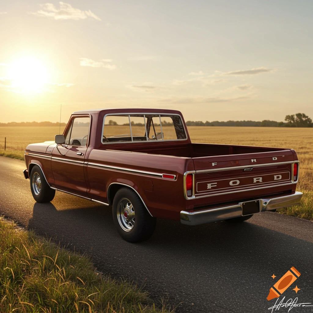 A vintage red Ford pickup truck is parked on a country road at sunset.