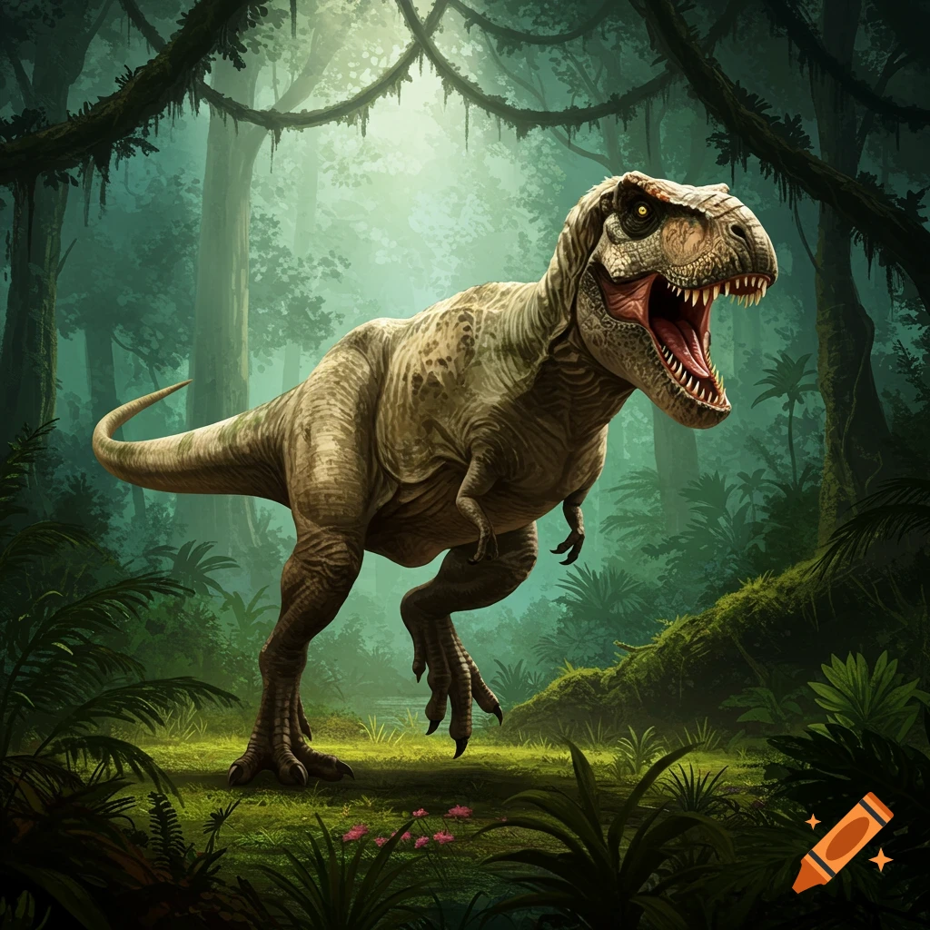A T-Rex standing in a lush, misty jungle.