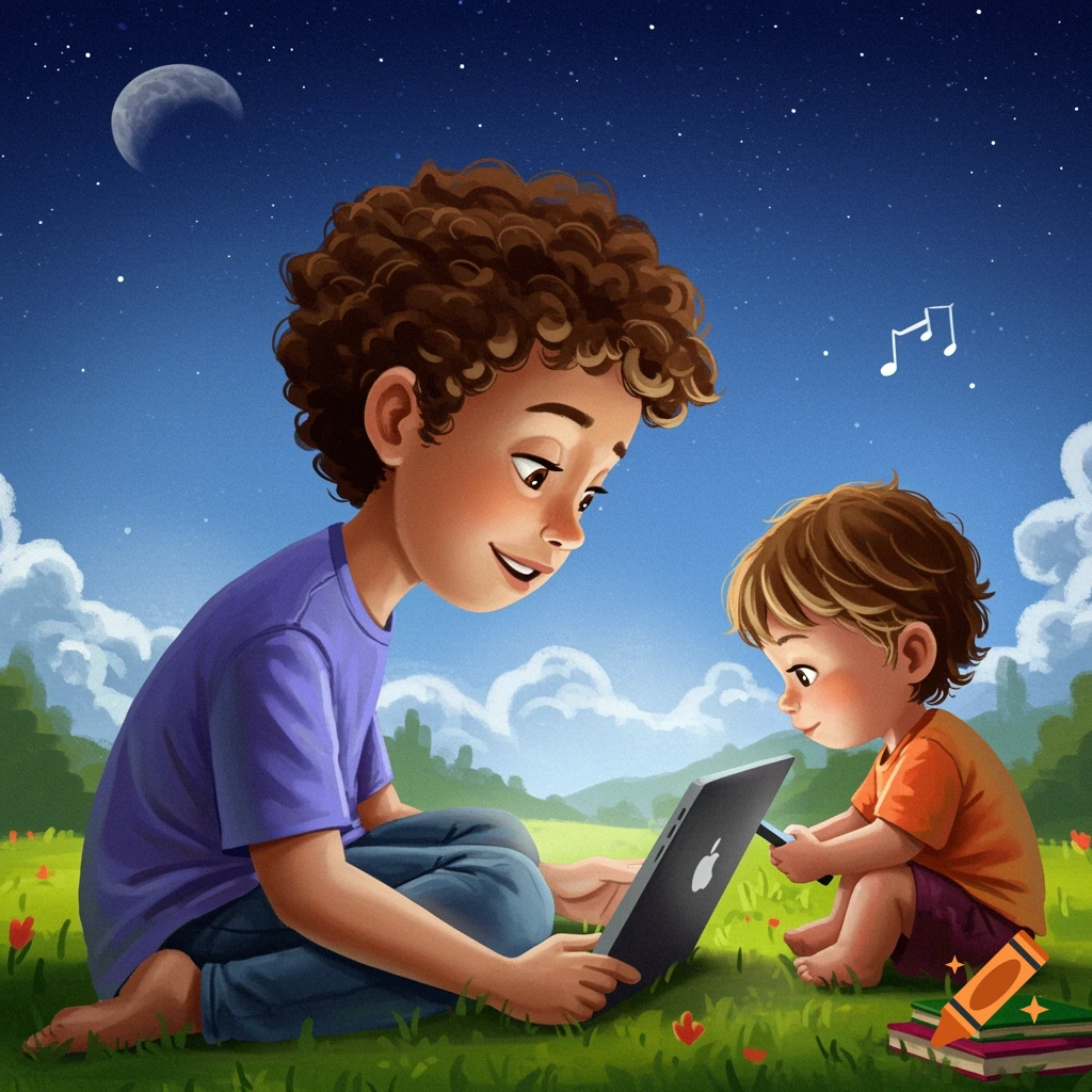 Two children, an older and younger sibling, look at a tablet together under a starry night sky.