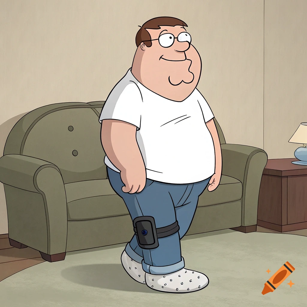 Cartoon character Peter Griffin wearing an ankle monitor stands in a living room.