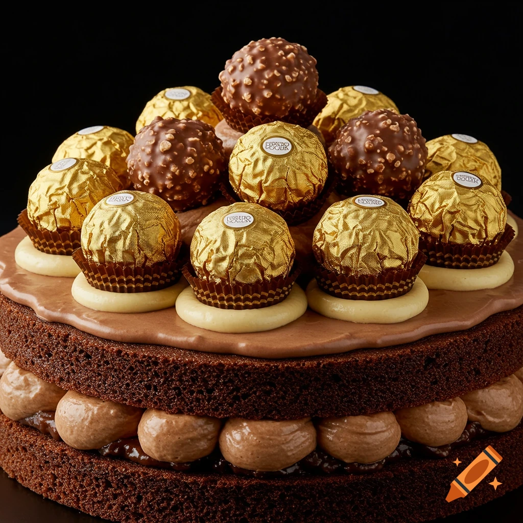 Close-up of a chocolate cake decorated with Ferrero Rocher chocolates and frosting.