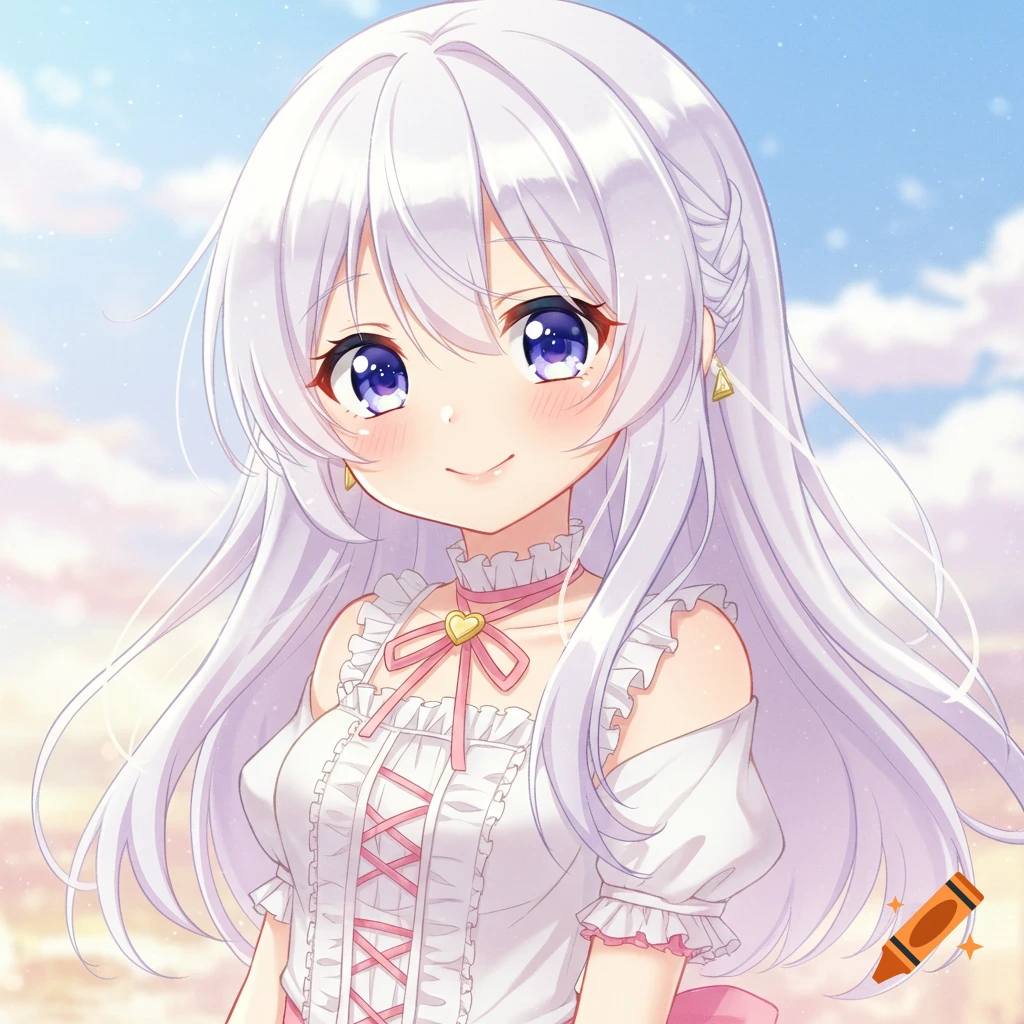 Anime portrait of a cute girl with long white hair against a sky background.