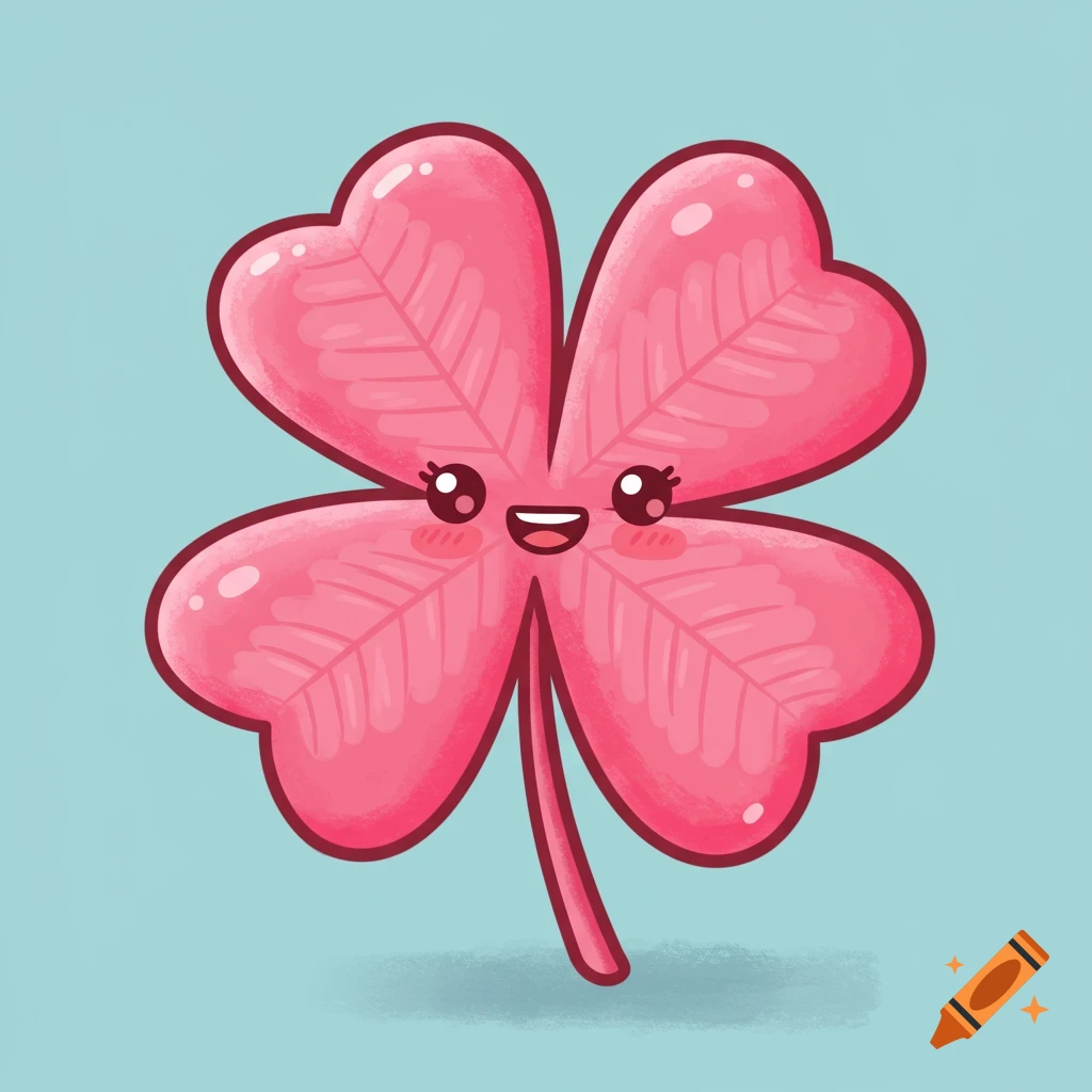A cute pink cartoon four-leaf clover with a smiling face on a blue background.