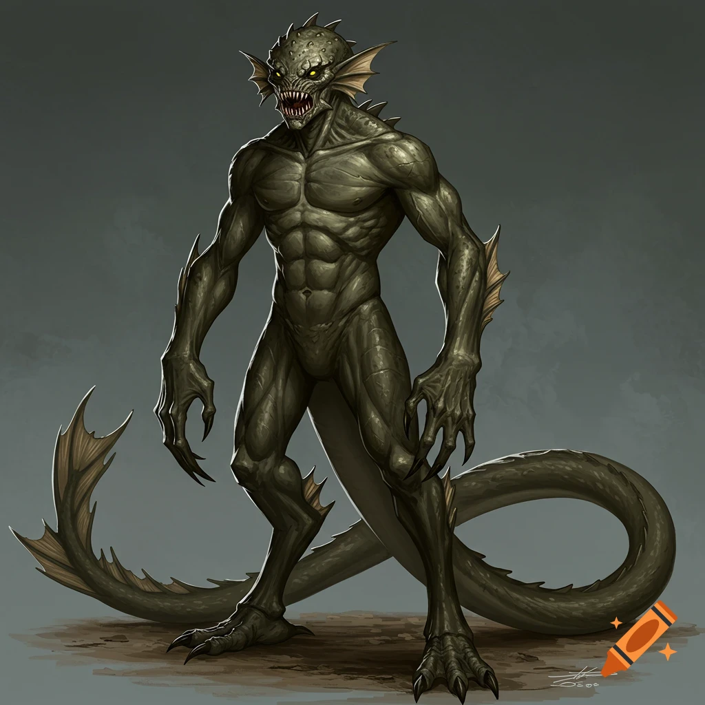 A muscular, humanoid green creature with claws, fins, sharp teeth, and a long tail.