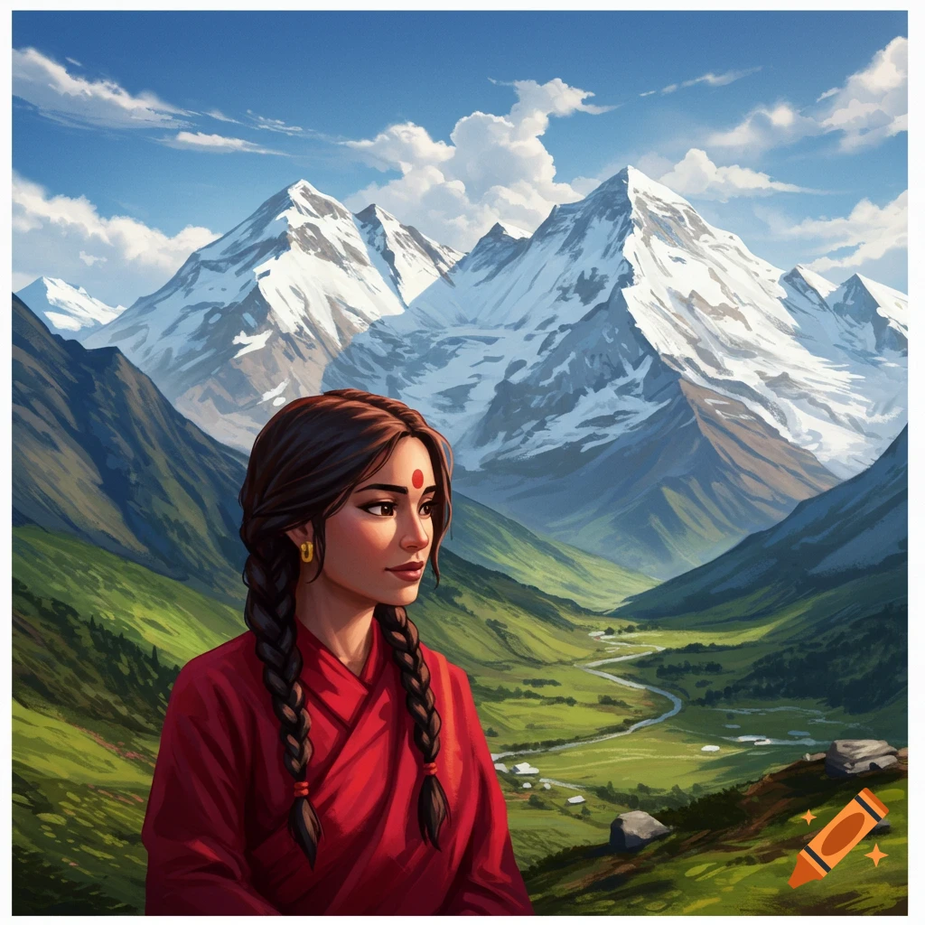 Woman in a red garment standing in a green mountain valley before snowy peaks.