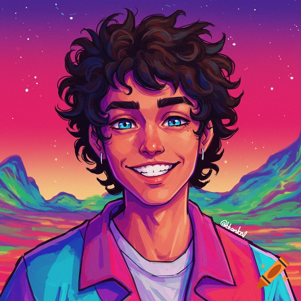 A smiling person with curly hair and blue eyes wears a colorful jacket against a vibrant mountain and starry sky background.