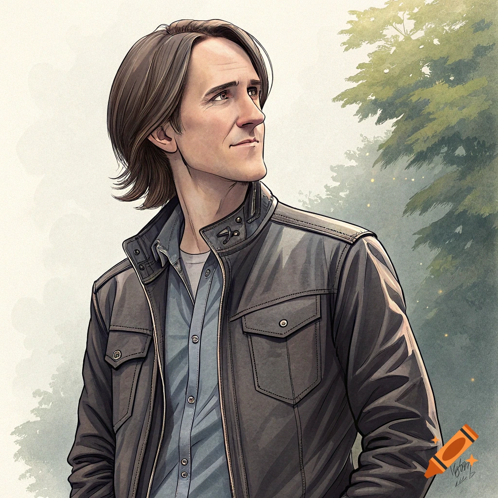 Stylized illustration of a man with medium brown hair wearing a jacket, looking upwards.