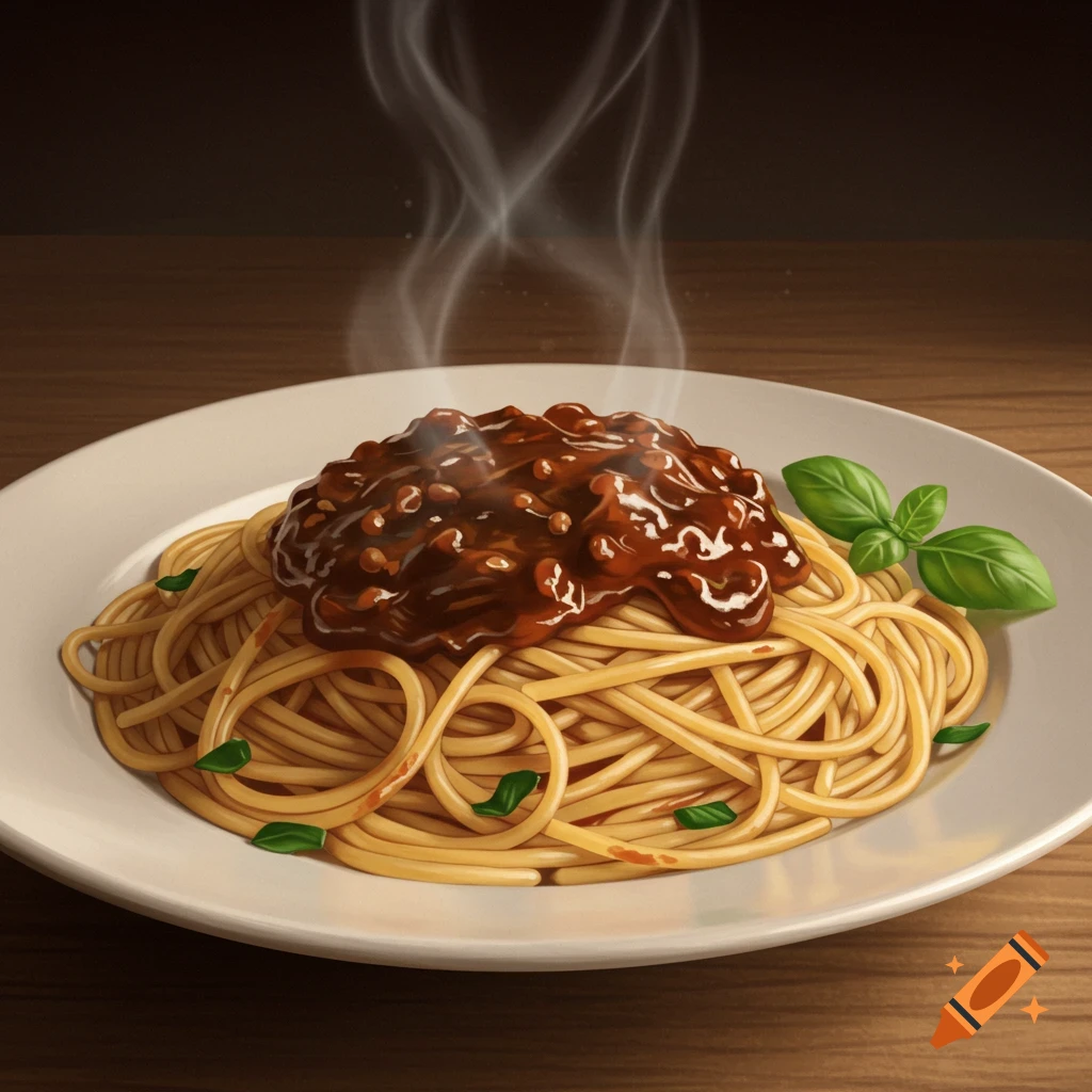 A plate of spaghetti with meat sauce and basil leaves.