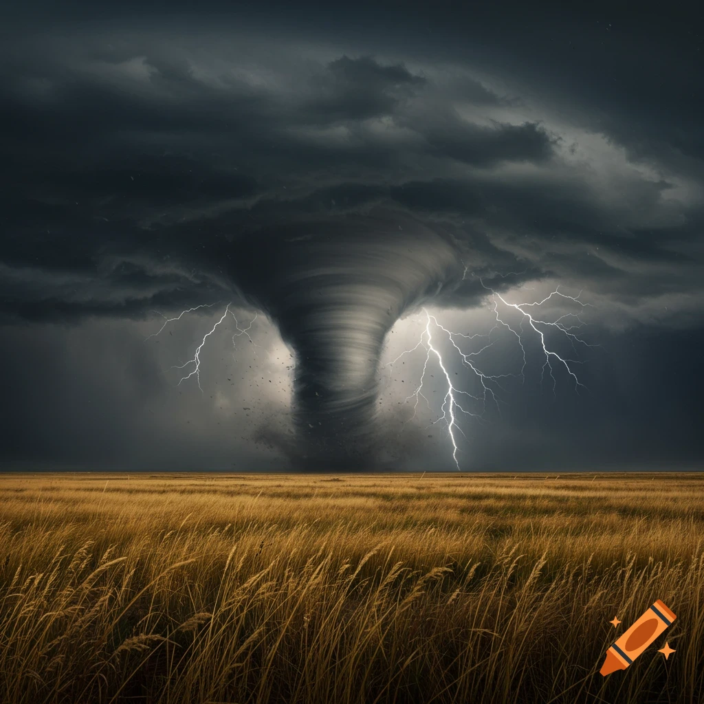 A large tornado over a field under a stormy sky with lightning.