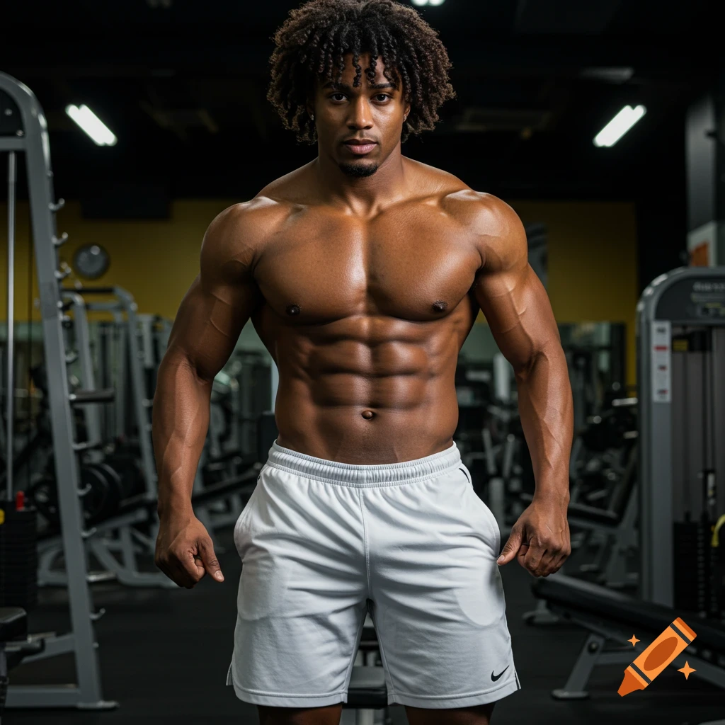 A muscular man stands in a gym.
