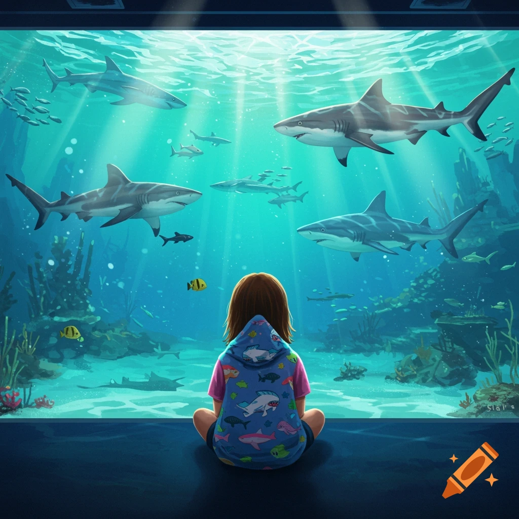 A child sits in front of a large aquarium watching sharks swim by.