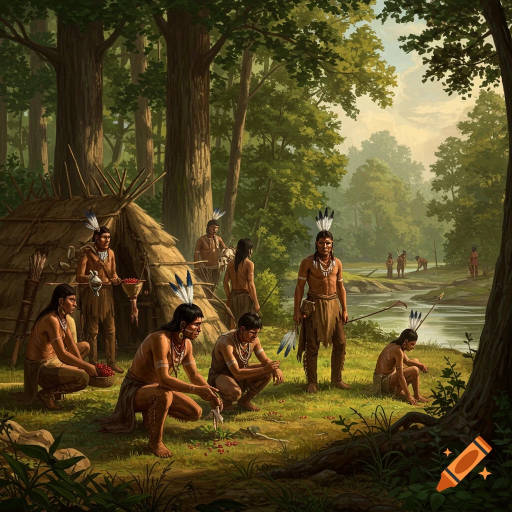 An indigenous tribe gathers by a hut and river in a forest.