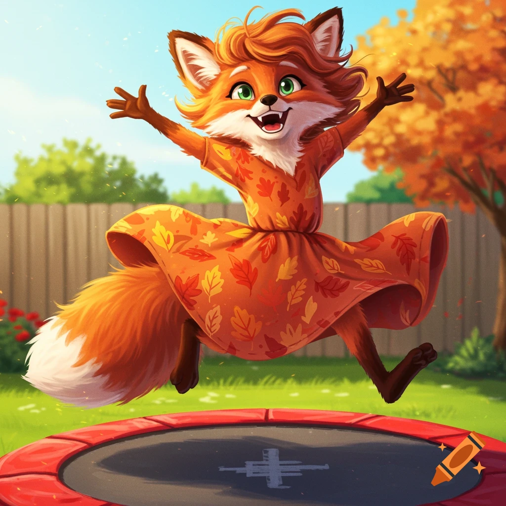 A whimsical cartoon fox in an autumn dress jumping on a trampoline in a sunny backyard.