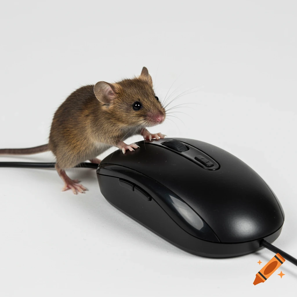 A small brown mouse standing on a black computer mouse.