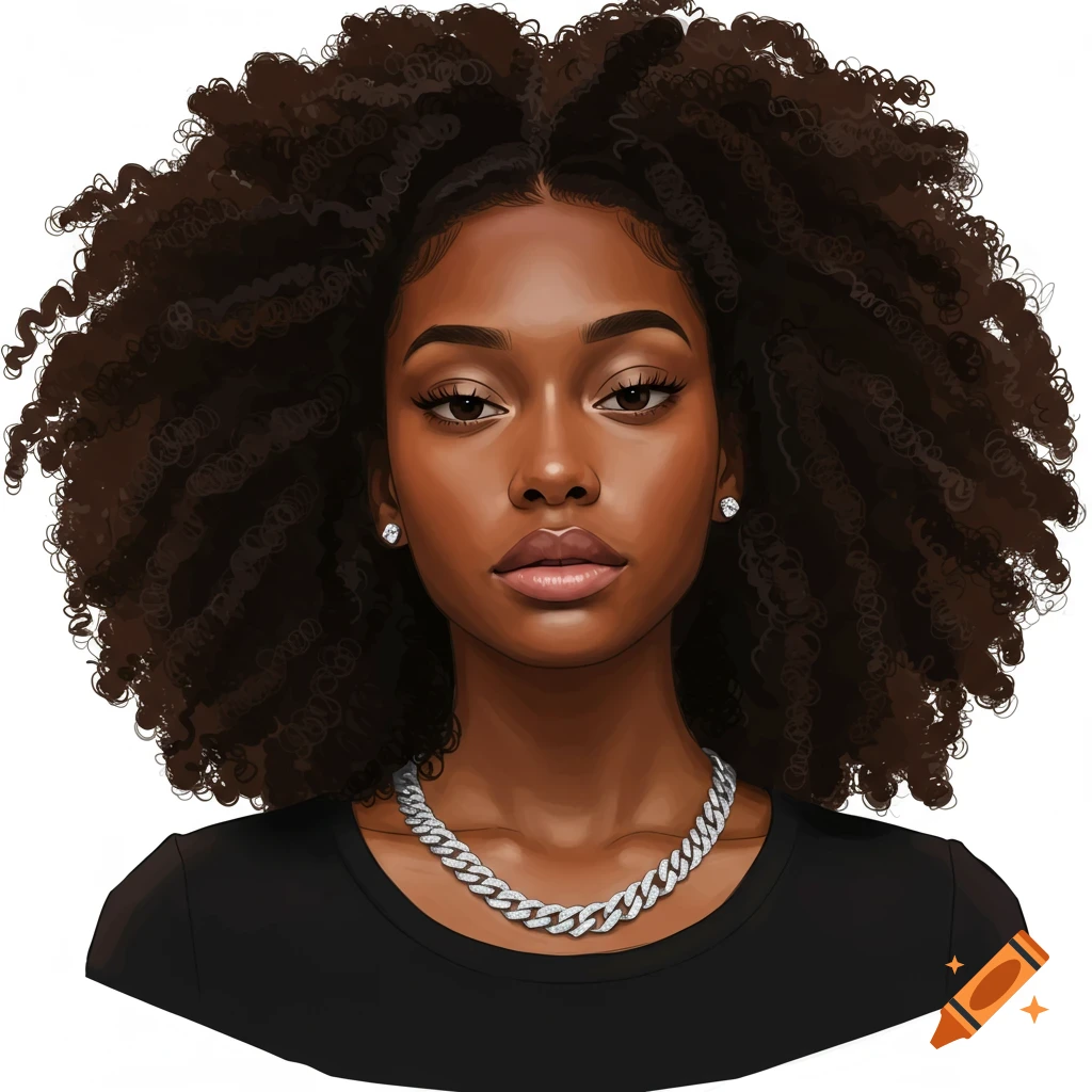 A portrait of a black woman with natural hair wearing a silver chain and stud earrings.