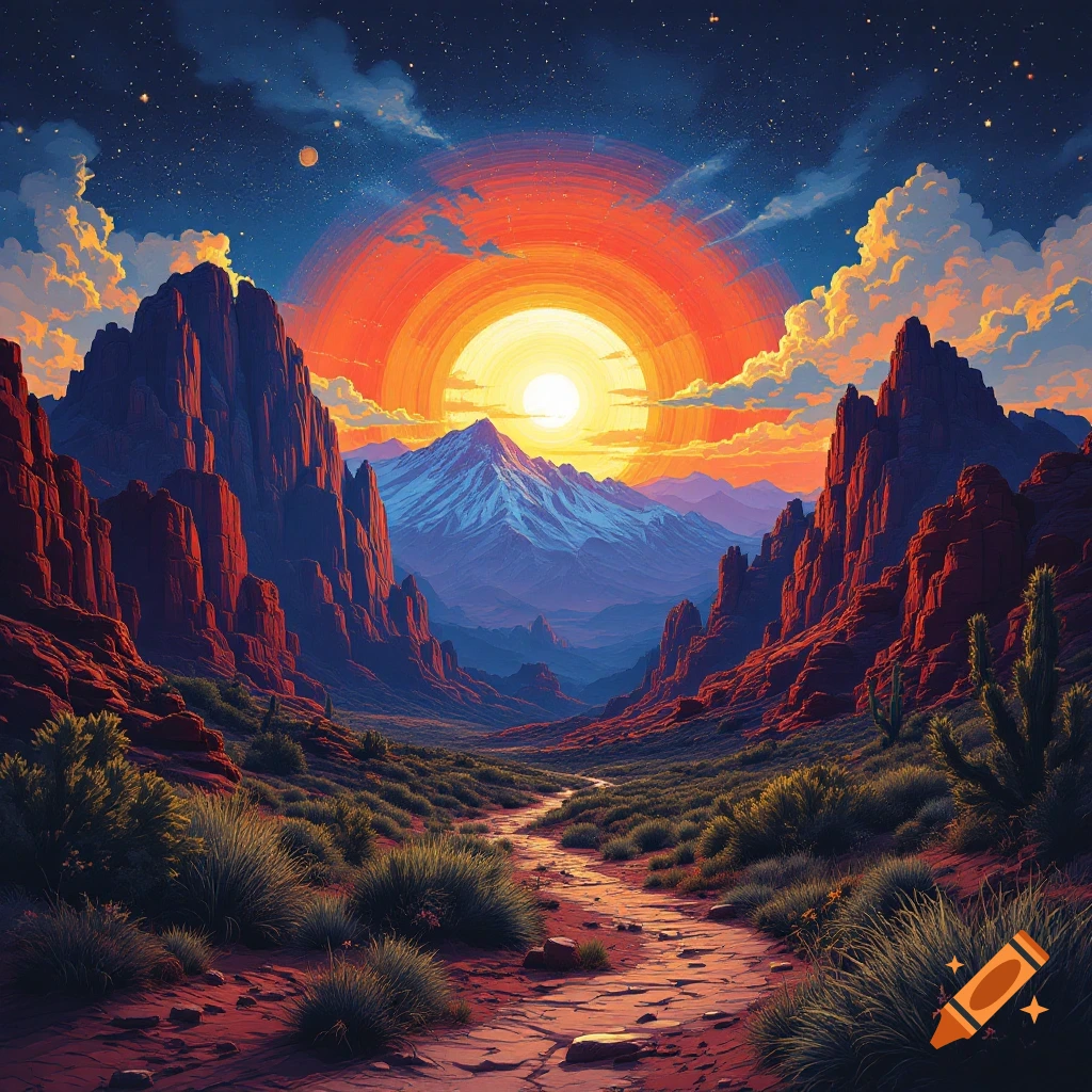 Vibrant desert canyon landscape at sunset with red rock formations, a path, distant mountains, and a starry sky.