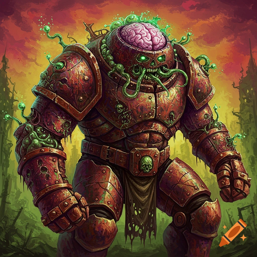A grotesque armored monster with an exposed brain and tentacles, standing in a ruined city.