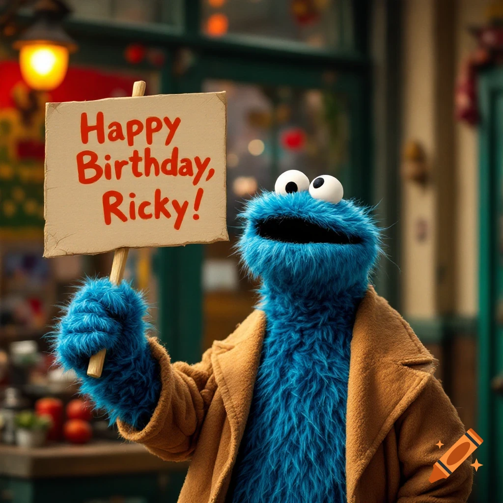 Cookie Monster holds a sign that says 'Happy Birthday, Ricky!' in ...