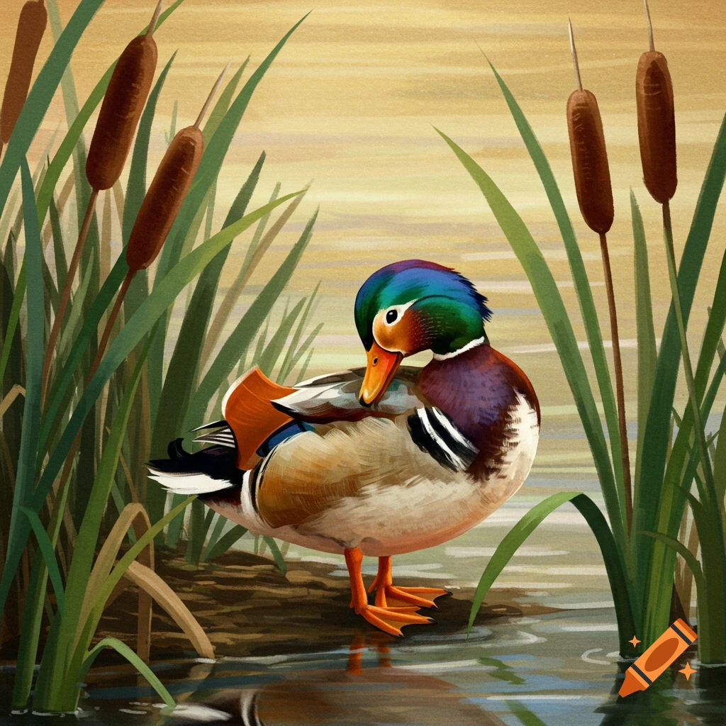 A colorful duck stands by cattails and water.