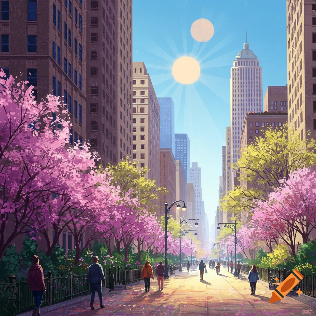 A sunny city street lined with pink flowering trees, tall buildings, and people walking.