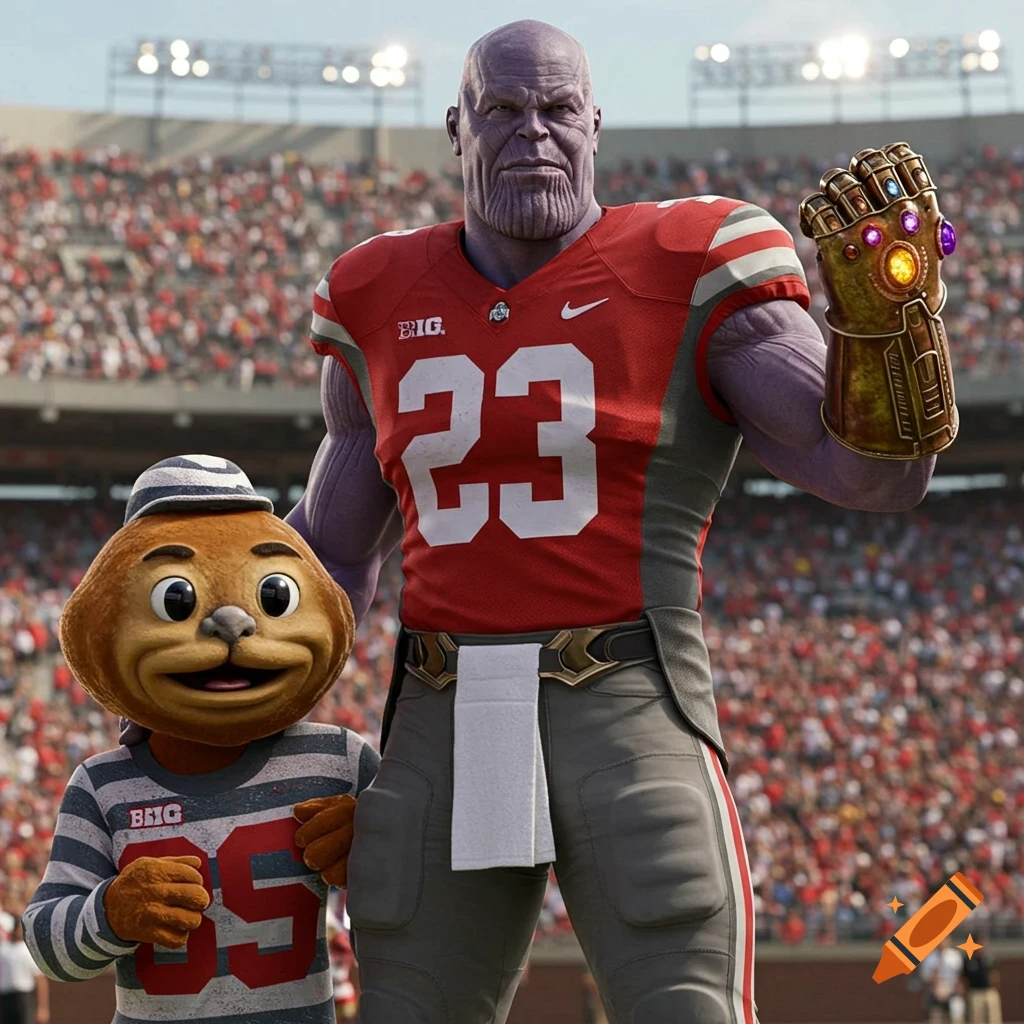 Thanos in an Ohio State football uniform holding the Infinity Gauntlet stands next to Brutus Buckeye mascot in a stadium.