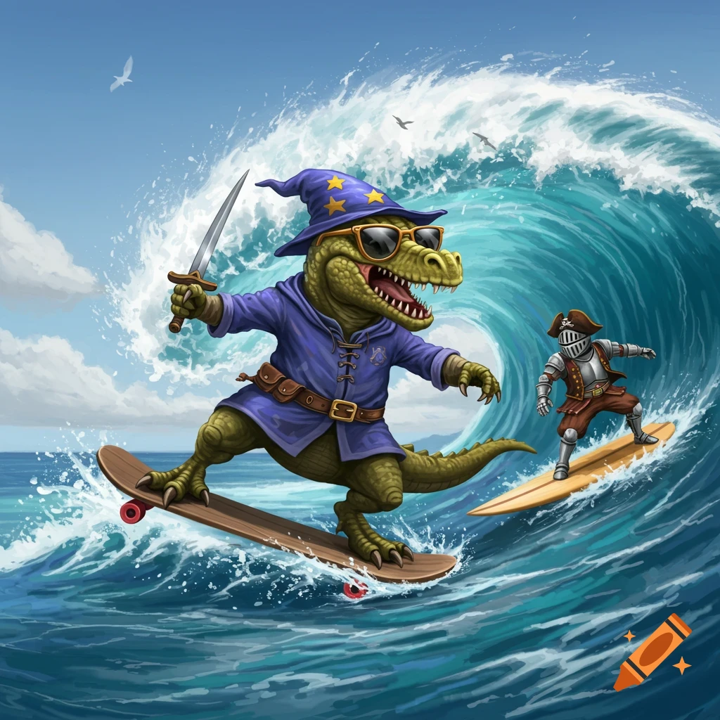A dinosaur wizard on a skateboard rides an ocean wave next to a knight on a surfboard.