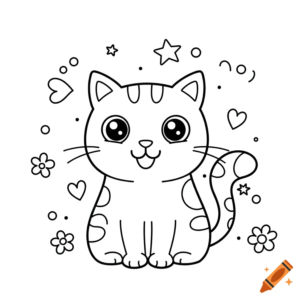 A cute cartoon cat in black and white line art, surrounded by stars, hearts, and flowers.