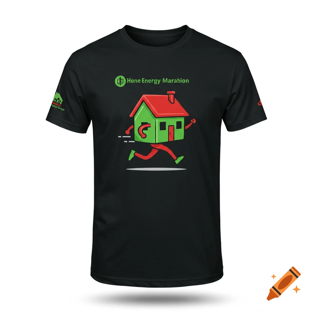 Black t-shirt with cartoon green and red house running icon and text 'Hone Energy Marahion'.