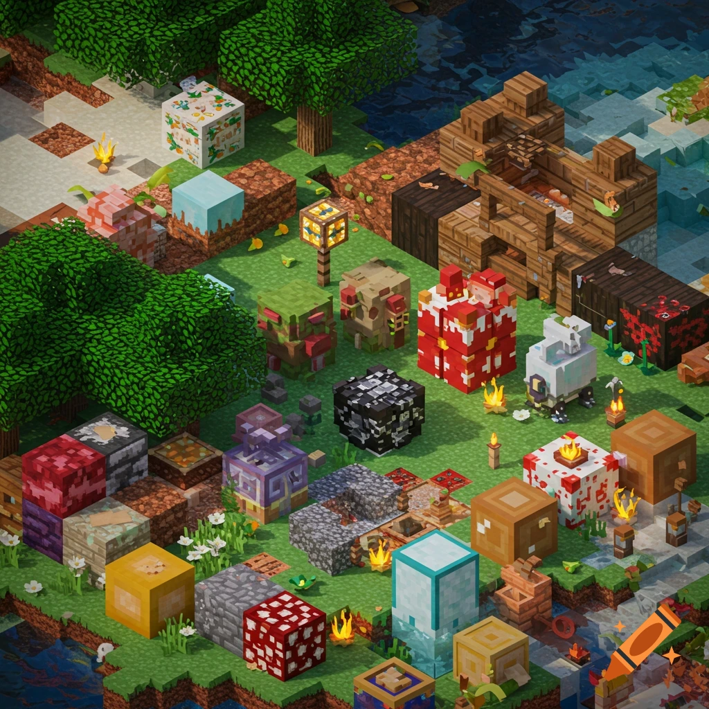 Isometric blocky landscape with trees, water, and various decorative blocks and creatures in a Minecraft-like style.