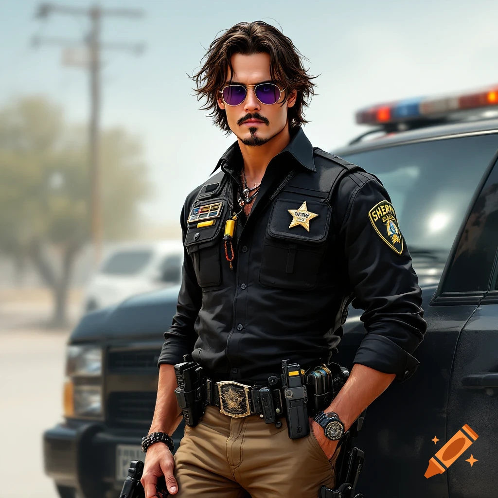 Photorealistic image of a man resembling Johnny Depp dressed as a sheriff standing next to a police SUV.