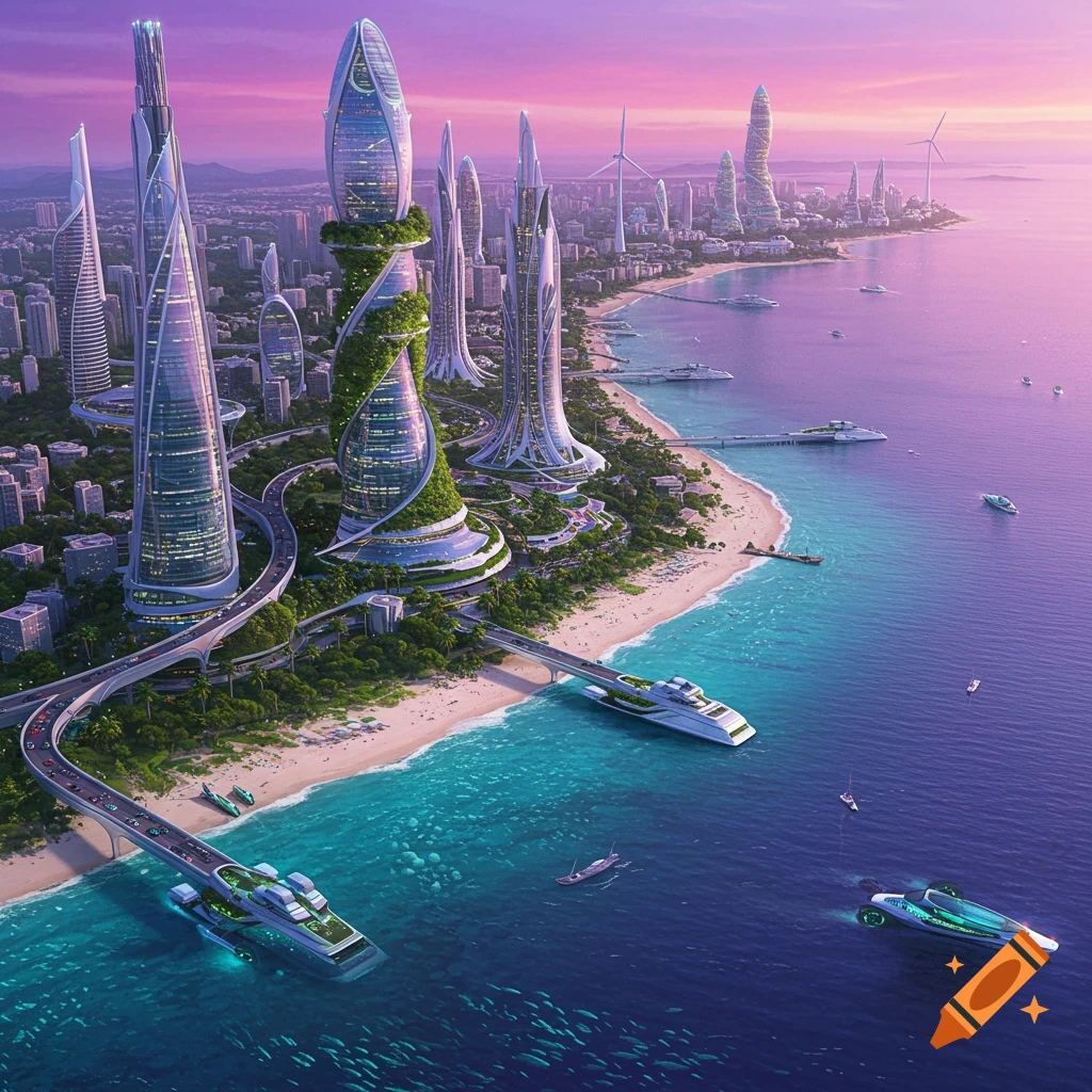 A futuristic ecocity on a vibrant coast with organic skyscrapers, elevated roads, and modern boats.