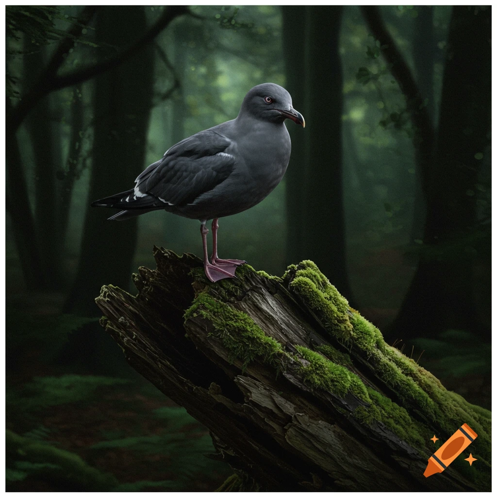 A dark gray seagull stands on a mossy log in a misty forest.